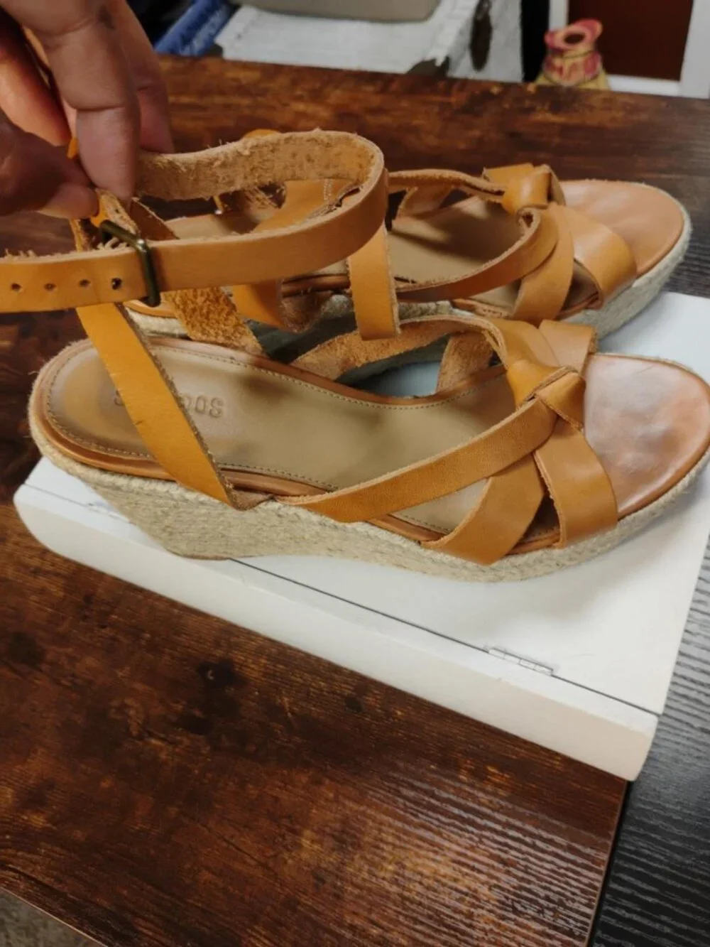Soludos Tan Leather Espadrille Wedge Sandals Ankle Strap Est. 8.5